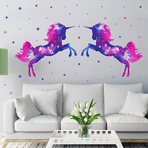 RW-D80 Dream Galaxy Purple Unicorn Wall Decals Removable Unicorn Wall Stickers with Glowing Stars Peel and Sticks Wall Art Decor for Kids Boys Girls Bedroom Nursery Bedroom Party Home Decoration