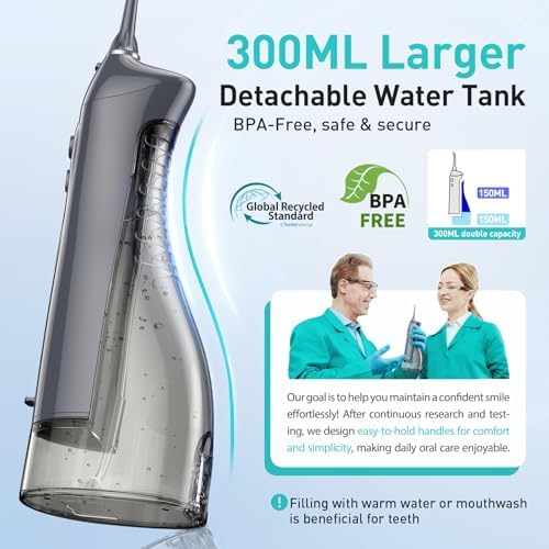 COSLUS Water Dental Flosser Teeth Pick C20: Portable Cordless Oral Irrigator 300ML Rechargeable Travel Irrigation Cleaner IPX7 Waterproof Electric Flossing Machine for Teeth Cleaning, Grey