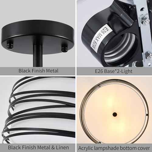 Drum Semi Flush Mount Ceiling Light Fixture Vintage Modern Farmhouse 2-Lights Linen Drum Ceiling Lighting Rustic Black Ceiling lamp for Dining Room, Bedroom, Kitchen, Laundry Room