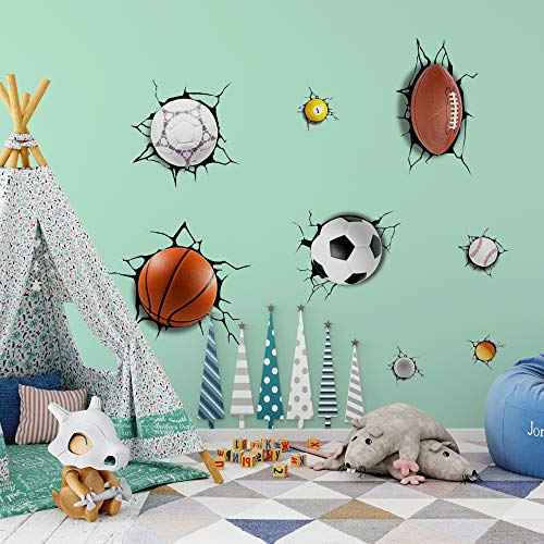 Supzone Sport Balls 3D Wall Stickers Break Through DIY Basketball, Rugby, Baseball, Football Wall Decor Boys Playroom, Bedroom, Classroom, Living Room