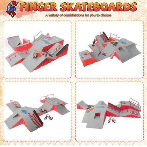 Finger Skateboard Park Kits,14-in-1 Bigger Finger Skateboard Ramp Set with 14 Ramps,8 Fingerboards,1 Finger Bike, Skate Park Kit,Fingerboard Skatepark Half Pipe Toys Gifts for Ages 3+