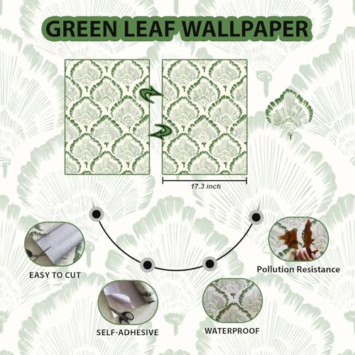 Green Leaf Wallpaper Modern Botanical Peel and Stick Wallpaper Boho Leaf Contact Paper17.3''¡¿78.8'' Self Adhesive Removable Wallpaper Waterproof for Bedroom Bathroom Cabinets Decor Vinyl Roll