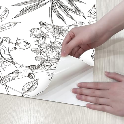 Jiffdiff White and Black Wallpaper Peel and Stick Sketched Peony Floral, Waterproof Removable Self Adhesive Wall Paper with Botanical, Bird and Butterfly for Bedroom and Bathroom 120"X17.3"(14.4sq.ft)