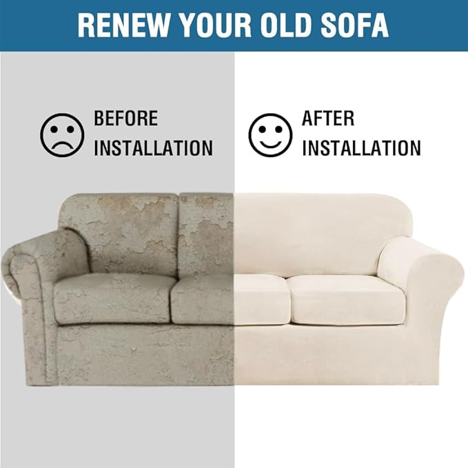 H.VERSAILTEX High Stretch Sofa Slipcover 4 Piece Cover Velvet Furniture Protector Form Fit Thick Velvet Extra Large Sofa Cover for 3 Cushion Couch Width Up to 97 Inch (Large Sofa, Cream)
