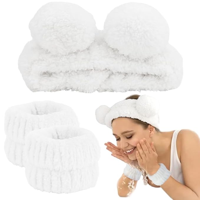 AHONEY Spa Bear Ears Headband Set - Face Wash Headband and Wristband, Fluffy Elastic Hair Band for Women & Girls (White)