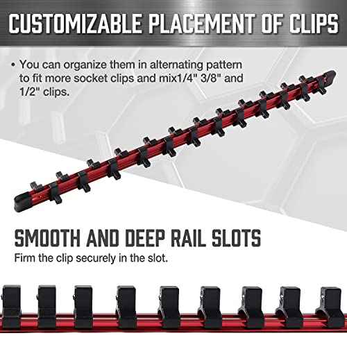 ALOANES 3 PC 3/8-Inch Drive Aluminum Alloy Socket Organizer, Heavy Duty Socket Racks, Socket Holder Kit 3/8-Inch x 54 Clips (Red)