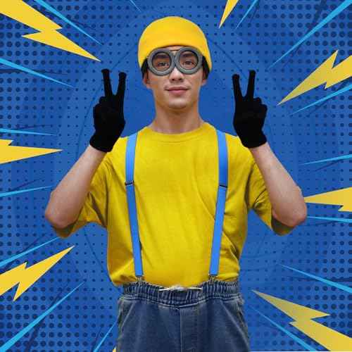 4Pcs Costume Accessories Adult Steampunk Goggles Glasses Blue Y-Back Suspenders Yellow Beanie Hats Black Gloves Perfect for Birthday Party and Halloween Cosplay Party