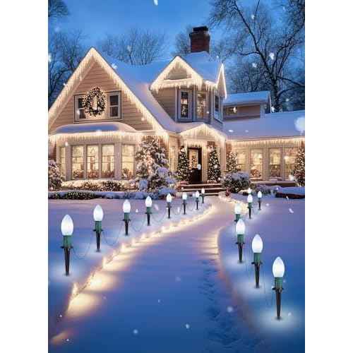 Brightown Frosted C9 LED Christmas Lights Outdoor, 2 Packs Total 51.4Ft Pathway Lights with 40 LED Bulbs and Stakes, Christmas Decorations Outside Driveway Walkway Sidewalk, Pure White