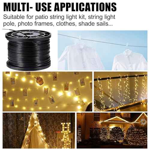 String Light Hanging Kits, 450FT Coated Stainless Steel 304 Wire Rope, Outdoor Black Guy Wire kit w/Expansion Hook, Enough Accessories, Humanized Collocation
