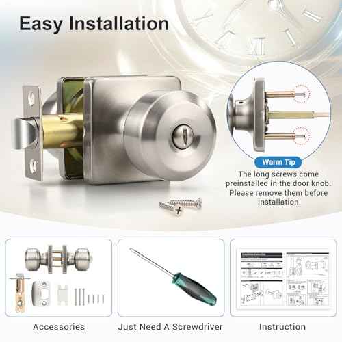 KNOBWELL Brushed Nickel Door Knob, Square Interior Door Knobs, Privacy Door Knob for Bedroom Bathroom, Stainless Steel Indoor Door Knobs, 6 Pack