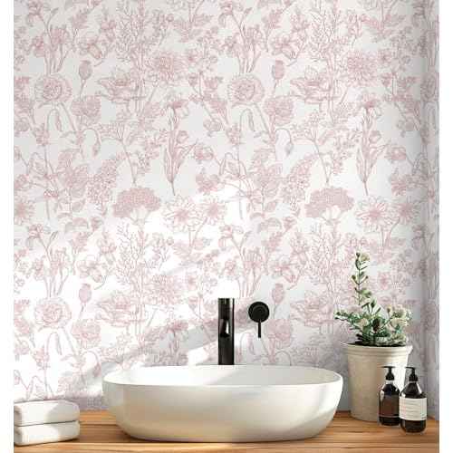 Peel and Stick Wallpaper Pink Floral Wall Paper Pink and White Contact Paper Removable Waterproof Flowers Wallpaper for Bedroom Bathroom Cabinets Vinyl 17.3" x 78.7"