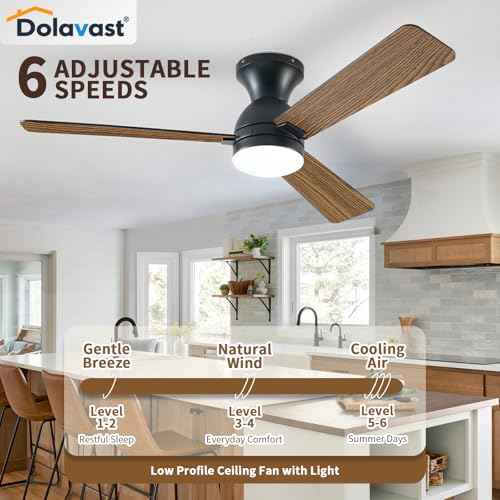 Ceiling Fans with Lights, 48 inch Low Profile Ceiling Fan with Light and Remote Control, Flush Mount, Reversible, 3CCT, Dimmable LED, Noiseless, Black Ceiling Fan for Bedroom, Dining Room