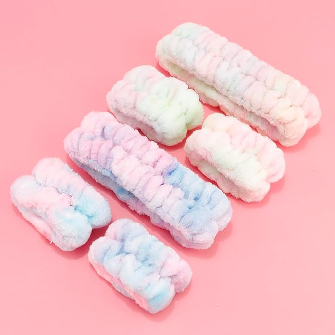 AHONEY Skincare for Teens Kids Headband Wrist Cuffs for Washing Face Wash Headbands for Girls Wome, Cute Fuzzy Tie-dye Spa Headband and Wristband Set Sleepover Accessories Teen Stuff
