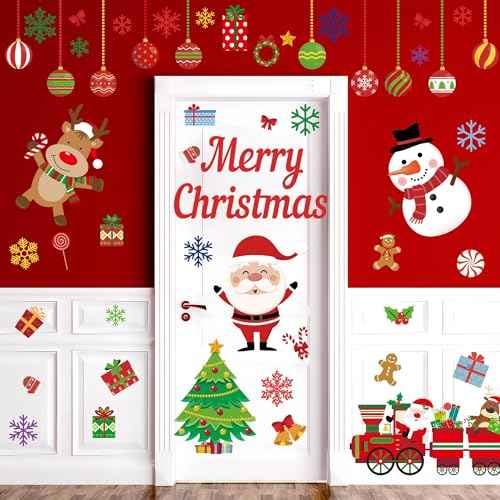94 Pcs Christmas Wall Stickers Decals Removable Merry Christmas Wall Decorations Xmas Ball Tree Snowman Santa Reindeer Walls Decals for Xmas Party Home Office Walls Decorations