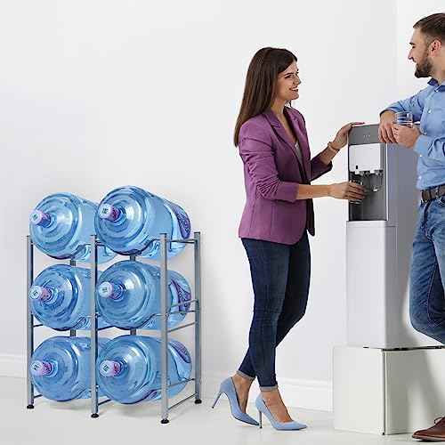 Nandae Water Cooler Jug Rack, 3-Tier Heavy Duty Water Bottle Holder Storage Rack 5 Gallon Water Jug Holder for 6 Bottle, Sliver