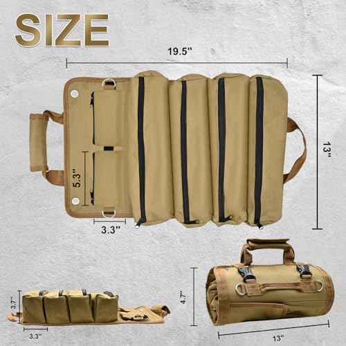 Roll Up Tool Bag, Heavy Duty Tool Roll Bag, Tool Roll Organizer with 2 Detachable Pouches, 900D Waterproof Oxford Cloth, Gifts for Dad, Men/Women, Mechanic, Electricians, Repairman, Khaki