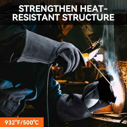 OZERO 932¡ÆF Heat Resistant Welding Gloves 16 inches Cowhide Leather - Long Sleeve and Insulated Lining BBQ Glove for Tig Welder/Mig/Grill/Barbecue/Stove Black-gray
