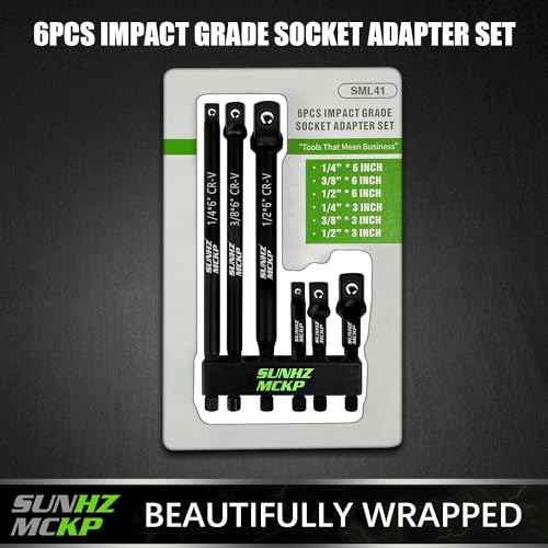 SUNHZMCKP 6-Piece Impact Socket Adapter Set for Drill, 3-Inch & 6-Inch Hex Shank Extension Bit, 1/4" 3/8" 1/2" Drive Socket Adapters with Holder, For Power Drill & Impact Wrench