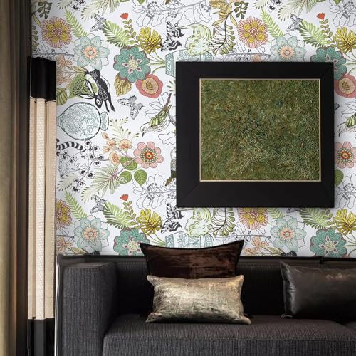 Decoroom Boho Floral Peel and Stick Wallpaper, Ainmals Birds Flower Contact Paper, Thicken Self Adhesive Removable Green Wall Paper for Wall Shelf Liner Drawer 17.7" X 118"