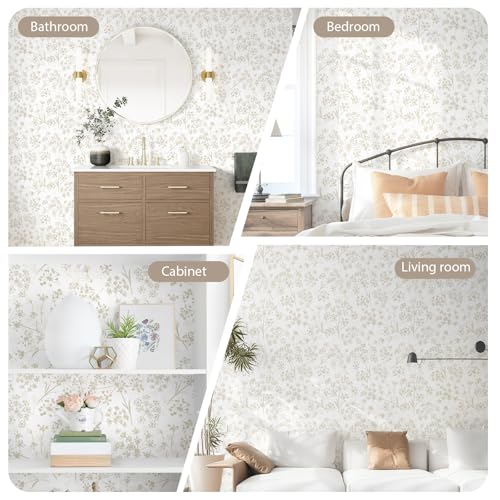 Safiyya Peel and Stick Wallpaper Floral Contact Paper 78.7" x 17.3" White and Beige Wall Paper Modern Neutral Self Adhesive Removable Wallpaper for Bedroom Bathroom Vinyl Rolls