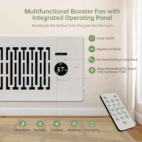 Register Booster Fan Fits 4¡± x 10¡± Register Holes, Smart Control Heating Cooling AC Vent Fan, 10-Speed Quiet Register Vent Booster Fans with Thermostat Control & Remote Control