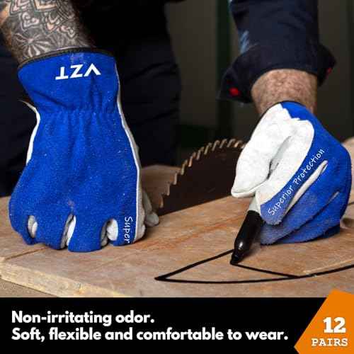 12 Pairs Bulk Leather Work Gloves for Men or Women for Construction, Wood cutting, Driving, Gardening, Automotive Repair
