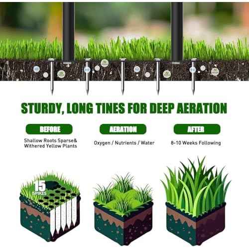 Lawn Aerator Spike Tool - Manual Grass Aerator with 15 Iron Spikes, Pre-Assembled Yard Aerator for Core Aeration, Heavy Duty T-Handle & Wide Foot Plate for Lawn Yard & Garden (Glossy Black)