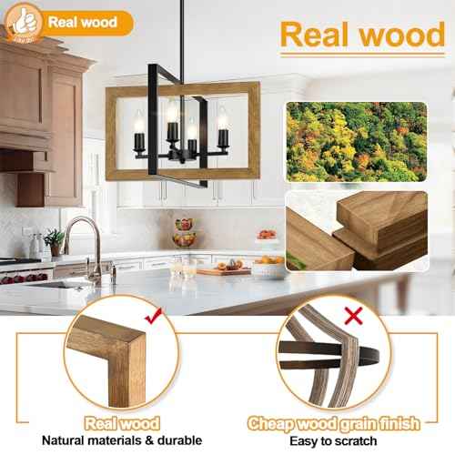 17" Farmhouse Wood Chandelier, (4-Light, 17-Inch), Rustic Dining Room Light Fixtures Over Table, Adjustable Hanging Light Fixture for Kitchen, Living Room, Foyer, Entryway