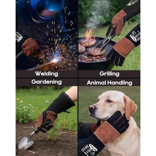 TOPDC Welding Gloves 16Inch 1000¢µHeat/Fire Resistant Reinforced Leather Fireproof Gloves with Kevlar Stitching for Mig, Tig, Stick, Forge, BBQ, Grill, Oven, Fireplace, Furnace, Animal Handling, SMALL