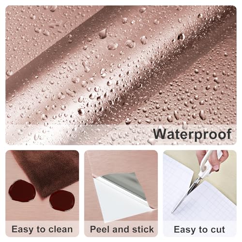 Rose Gold Stainless Steel Contact Paper for Kitchen Pink Metallic Wallpaper Waterproof Brushed Metallic Wall Paper Textured for Kitchen Backsplash Cabinets Countertops Fridge Appliances