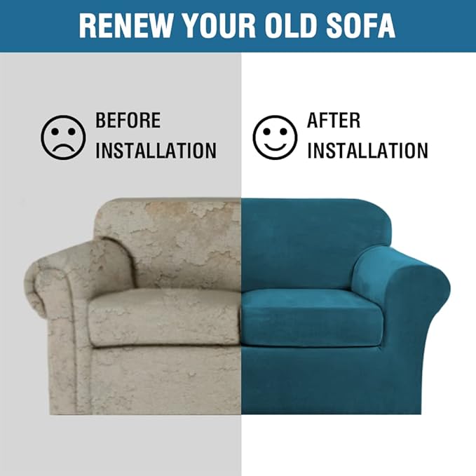 H.VERSAILTEX Real Velvet Plush 3 Piece Stretch Sofa Covers Couch Covers for 2 Cushion Couch Sofa Slipcovers Width Up to 90 Inch Feature Thick Soft Stay in Place (Large Sofa, Deep Teal)