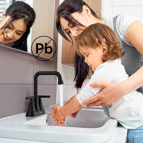 Matte Black Bathroom Sink Faucet, Hurran 4 inch Bathroom Faucets for Sink 3 Hole with Pop-up Drain and Supply Hoses, 360 Swivel Spout Centerset Faucet for Vanity RV Farmhouse, 2 Pack
