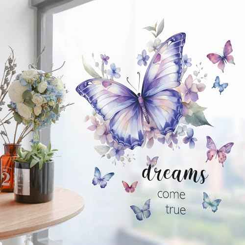 Purple Butterfly Wall Decals Removable Butterfly Flower Wall Stickers Peel and Stick Butterflies Wall Decor Stickers for Kids Girls Bedroom Nursery Bathroom Decorations VA-G006