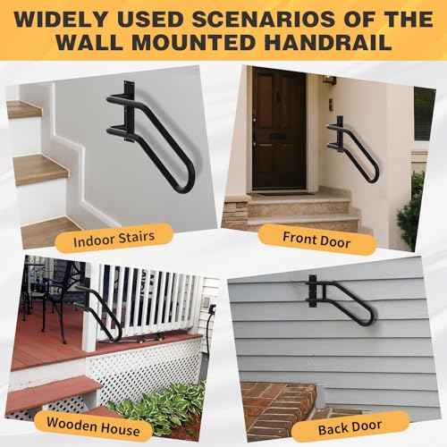 Right Side Wall Mounted handrail, Garge Door Stair Railing for 1-3 Steps(Polished Black, Right Side, 230LBs Loading)