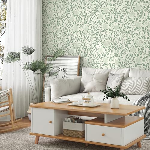 Leaf Peel and Stick Wallpaper Boho Contact Paper 17.3"x78.8" Green and Beige Floral Wallpaper Self Adhesive Removable Wall Paper Bathroom Decoration Wallpapers for Bedroom Vinyl Roll