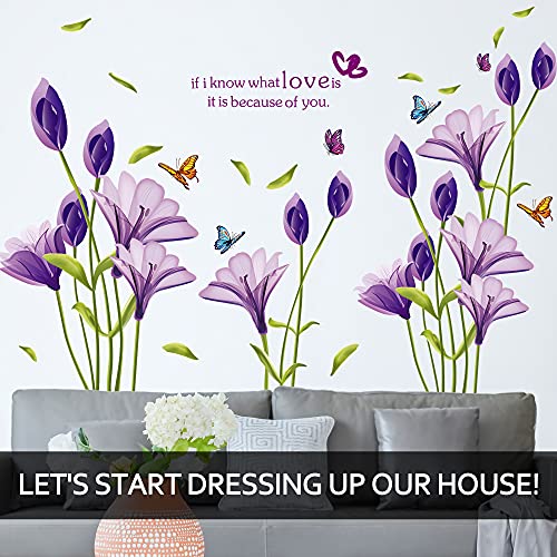 LiveGallery Beautiful Lovely Lily Flowers Wall Decals Removable DIY Butterfly Flower Vines Art Decor Wall Stickers Murals for Living Room TV Background Kids Gilrs Rooms Bedroom Decoration (Purple)
