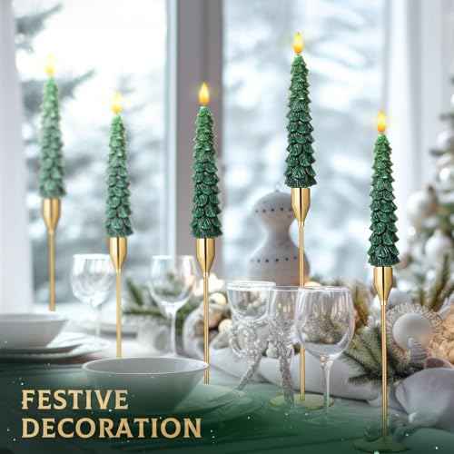 Honoson 6 Sets Flameless Christmas Tree Taper Candles with Holders Remote Control, LED Taper Candles AAA Battery Operated Flickering Candlesticks for Window Fireplace (Gold,Classic Style)