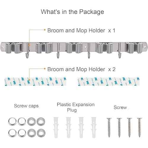 Broom Holder Wall Mount Heavy Duty, Mop Holder with Hooks, Broom and Mop Organizer Wall Hanging Self Adhesive for Kitchen Garden Garage (5 Racks 4 Hooks)