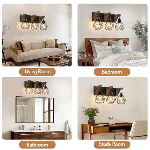 Farmhouse Bathroom Light Fixtures, 3 Light Bathroom Vanity Light, Black Rustic Wood Vanity Lights Wall Sconces with Elegant Metal Lampshade for Living Room, Bedroom, Hallway (Retro Black, 3-Light)
