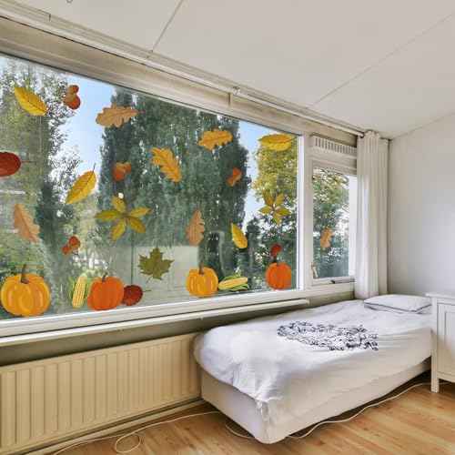 Autumnal leaves Window Decal,Autumn Theme Vinyl Window Sticker,Removable Autumn decor For Children'S Room, Classroom, And Daycare Centers Fall Thanksgiving Party Supplies (Pumpkin-Themed Window Decal)