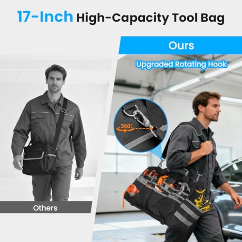 Heavy Duty Tool Bag, 17 Inch Tool Bags for Men with Multi-Pockets, Waterproof Tool Box Organizer Storage Bag with Adjustable Shoulder Strap, Soft Handle, Durable Zipper for Men, Dad (Black-Grey)