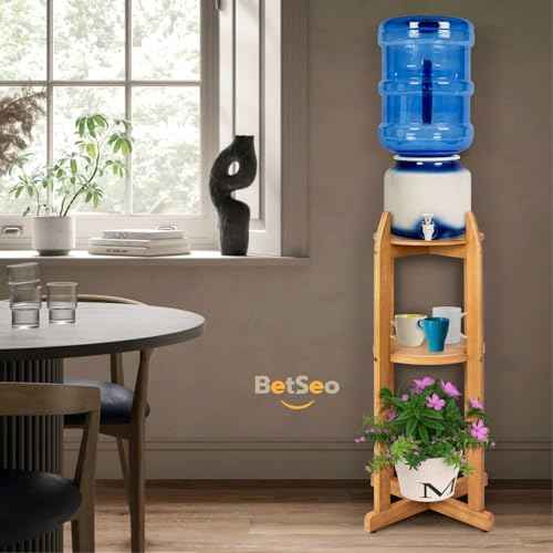 Natural Solid Wood Water Dispenser Stand (32.8"Hight-11.2"Wide) Ceramic Water Dispenser Floor Stand, 5 Gallon Water Jug Stand with 2 Round Shelfs Included for 1-5 Gallon Water Bottles/Crocks/Water Jug