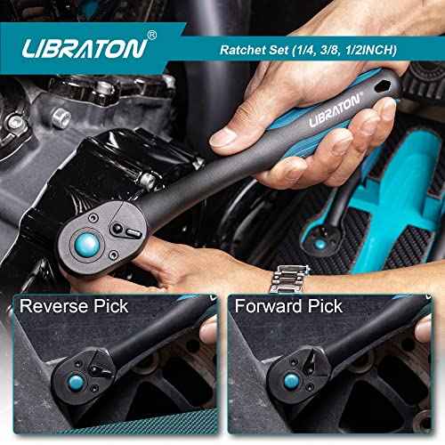 LIBRATON Ratchet Handle, 3 PCS 1/4", 3/8", 1/2" Heavy Duty Drive Ratchet Socket Wrench with Quick-Release Head, 72 Teeth, Reversible Design, Comfort Grip for Car Repair, EVA Organizer