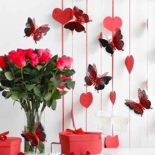 3D Butterfly Wall Decor Summer Party Rose Butterfly Sticker Decoration 3.85x4.6 inche Red Black Double Deck Removable Sticker for Birthday Holiday Party Decoration-6pcs