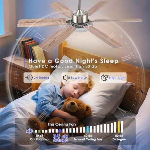 52 inch Modern Ceiling Fans with Lights Remote/APP Control,Modern Flush Mount Ceiling Fan,DC Reversible Motor, 3CCT,Surper Bright Dimmable LED Ceiling Light with Fans for Bedroom, Livingroom Nickel