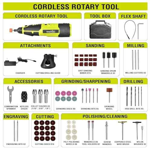 SnapFresh 12V Cordless Rotary Tool Kit,7 Variable Speeds w/Flex Shaft,80+ Change Accessories Multi Tool-Battery Fast Charger & Tool Bag-for Cutting, Sanding, Polishing, Drilling,Handmade or DIY Crafts