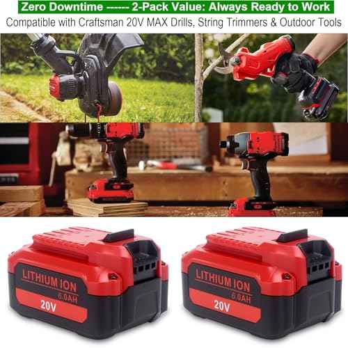 Upgraded 2-Pack 6.0Ah 20V Replacement Battery CMCB206 Compatible with Craftsman 20-Volt V20 Series Cordless Outdoor Tools - Compatible with Craftsman V20 CMCB204 CMCB202 Lithium Batteries