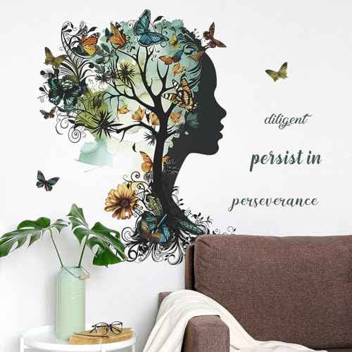 Removable Inspirational Wall Decals Peel and Stick Wall Stickers Art Positive Sayings Sticker DIY Giant Tree Butterfly Wall Decor for Women Girls Bedroom Living Room Sofa Background Decoration
