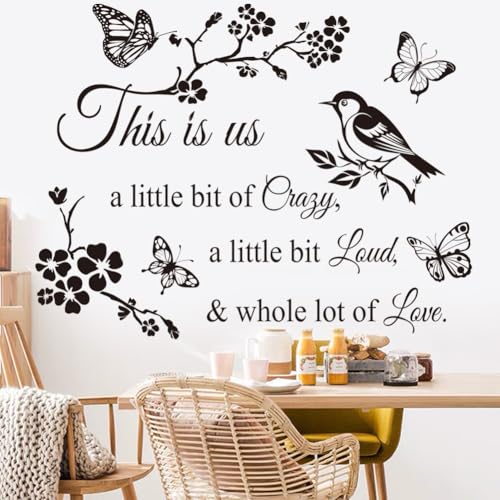 CASADECOR This Is Us Black 'A Little Bit of Crazy, A Little Bit Loud & Whole Lot of Love' Floral Nature Elements Letter Print Indoor Weatherproof PVC Rectangular Wall Sticker