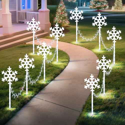 Christmas Snowflake Pathway Lights Outdoor 10 Pack Waterproof Snowflake Light 8 Lighting Modes Xmas Walkway Marker Lights LED Stake Sidewalk Light for Christmas Decorations Outdoor Garden Patio Yard